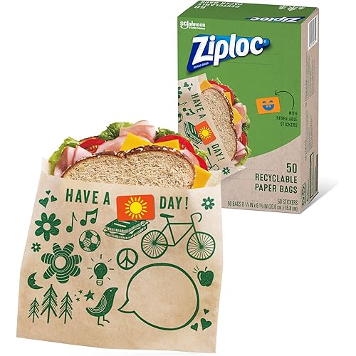 Ziploc Paper Sandwich & Snack Bags, Recyclable & Sealable with Fun Designs, 50 Count