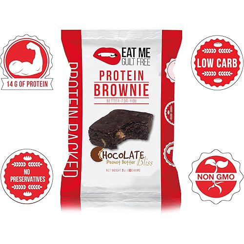 Eat Me Guilt Free Peanut Butter Bliss Protein-Packed Brownie - 14G Protein, Low Carb, Keto-Friendly, Low Sugar, Non GMO, No preservatives, Low Calorie Snack or Dessert | 12 Count