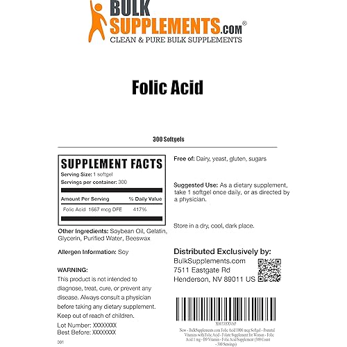 BulkSupplements.com Folic Acid 1000 mcg Softgels - Folate Supplement for Women - Folic Acid Supplement - Vitamin B9 Supplement - Folic Acid Prenatal Vitamins 300 Count - 300 Servings