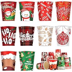 100 Pcs Christmas Disposable Cup 9 oz Paper Cups Tea Cups Coffee Cups Christmas Party Cups Christmas Red and Black Buffalo Plaid Paper Cup Drinkware Holiday Supplies, 10 Styles