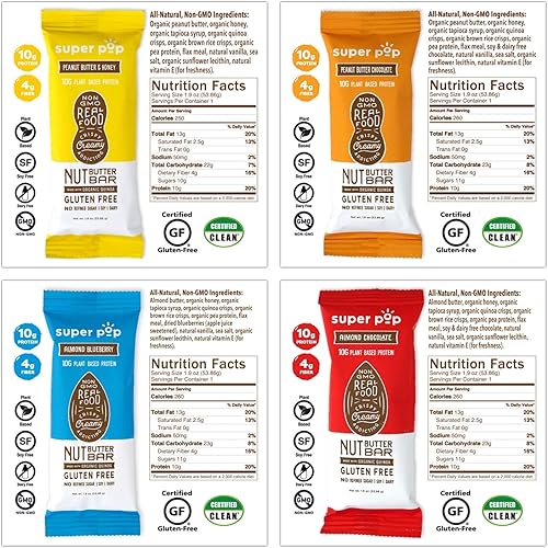 Super Pop Snacks, Clean Plant Based Protein Bars, All-Natural Nut Butter Bars With Organic Whole Foods, Delicious, Meal Replacement, Gluten Free, Soy Free, Dairy Free, 10g Protein, Variety Pack 8 Pack