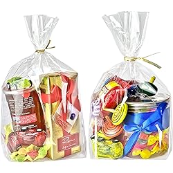 PigPotParty 8"x 11",100Pcs Bottom Gusset Bags, Clear Cello Cellophane Plastic Treat Goodie Bags with 100x Twist Ties, Party Favor Packaging, Return Gift Mug Toy Wrapping No Side Gusset