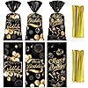 150 Pcs Black and Gold Bags Happy Birthday Cellophane Bags Gift Treat Bags Happy Birthday Black and Gold Goodie Candy Bags with Ties for 90th 80th 70th 60th 50th 40th 30th Birthday Party Decorations