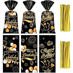 150 Pcs Black and Gold Bags Happy Birthday Cellophane Bags Gift Treat Bags Happy Birthday Black and Gold Goodie Candy Bags with Ties for 90th 80th 70th 60th 50th 40th 30th Birthday Party Decorations