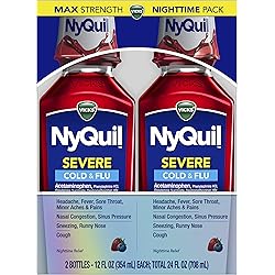 Vicks NyQuil SEVERE, Nighttime Relief of Cough, Cold & Flu Relief, Sore Throat, Fever, Congestion Relief, Berry Flavor, Twin Pack, 12 FL OZ