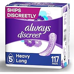 Always Discreet Incontinence Pads for Women, Maximum Absorbency, Long Length,117 Total Count,39 Count Pack of 3 Packaging May Vary