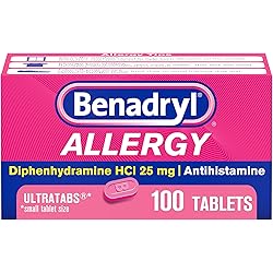 Benadryl Ultratabs Antihistamine Allergy Relief Medicine, Diphenhydramine HCl Tablets for Relief of Cold & Allergy Symptoms Such as Sneezing, Runny Nose, Itchy Eyes & Throat, 100 ct