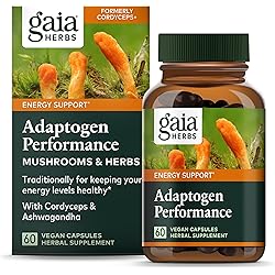 Gaia Herbs Adaptogen Performance Mushrooms & Herbs - Energy Support Supplement to Help Sustain Endurance and Stamina - Contains Cordyceps and Ashwagandha - 60 Vegan Capsules 30-Day Supply