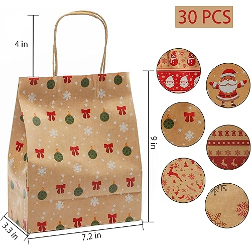 30 PCS Christmas Kraft Gift Bags - with 6 Holiday Classic Christmas Prints - for Christmas Gift Bags, Holiday Gift Box, Classrooms and Party Favors