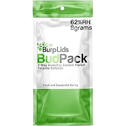 Burp Lids Bud Pack | 62% RH 2-Way Humidity Control | Size 8g Protects Up to 1 Ounce 30 Grams Flower | Prevent Terpene Loss Over Drying and Molding | 12-Count Resealable Bag