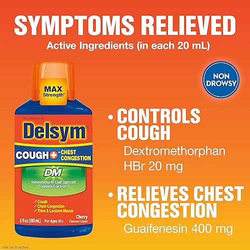 Delsym Max Strength DM Cough Chest Congestion Medicine, Powerful Multi-Symptom Relief, #1 Pharmacist Recommended, Cherry Flavor, 6 Fl Oz Pack of 3