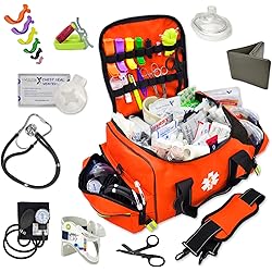 Lightning X Pre-Stocked EMSEMT Trauma Kit w Large First Responder Bag & 256 First Aid Medical Supplies - Orange
