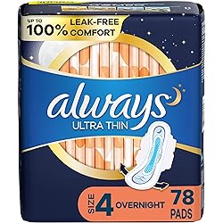 Always Ultra Thin Feminine Pads with Wings for Women, Size 4, 78 Count, Overnight Absorbency, Unscented, 26 count, Pack of 3 - 78 Count Total