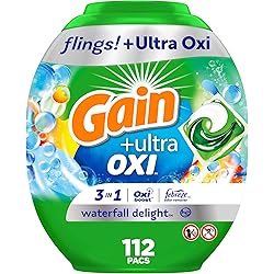 Gain flings Ultra Oxi Laundry Detergent Pacs, 112 Count, Waterfall Delight Scent, 3-in-1, HE Compatible