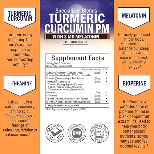 Turmeric Curcumin Rest Aid with Melatonin – Natural Rest Capsules with Valerian Root & L Theanine – Promotes Relaxation & Healthy Rest – Formulated for Joint Relief with BioPerine