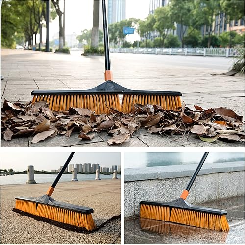 CLEANHOME 24” Push Broom Outdoor for Floor Cleaning with 65” Long Handle and Stiff Bristles, Heavy Duty Broom Brush for Shop, Deck, Garage, Concrete Sweeping