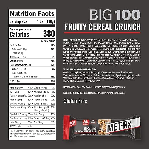 MET-Rx Big 100 Colossal Protein Bars, Fruity Cereal Crunch Meal Replacement Bars, 9 Count