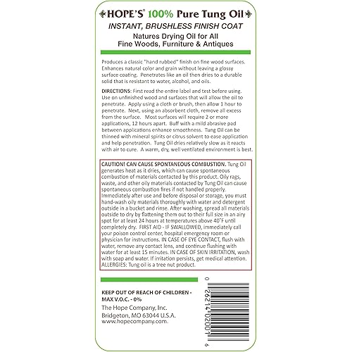 HOPE'S 100% Pure Tung Oil, Waterproof Natural Wood Finish and Sealer, 16 Fl Oz