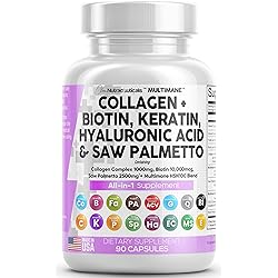 Collagen Complex 1000mg Biotin 10000mcg Saw Palmetto 2500mg Hyaluronic Acid Keratin Complex - Hair Skin and Nails Vitamins and DHT Blocker with Vitamin E Folic Acid Pumpkin Seed MSM USA - 90 Count