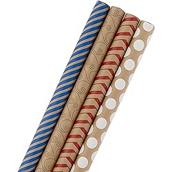 Hallmark Wrapping Paper Bundle - Kraft Brown with Red, Blue, White, Black Designs Pack of 4, 88 sq. ft. ttl. for Christmas, Birthdays, Father's Day, Kids Crafts, Care Packages, Handmade Banners