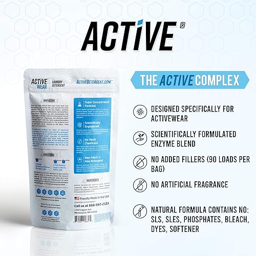 Active Wear Laundry Detergent & Soak - Formulated for Sweat and Workout Clothes - Natural Performance Concentrate Enzyme Booster Deodorizer - Powder Wash for Activewear Gym Apparel 90 Loads