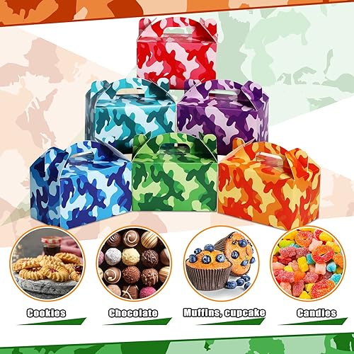 24 Pack Camo Party Favor Boxes Colorful Tie Dye Candy Boxes Army Kraft Paper Treat Boxes Camouflage Gift Boxes for Kids Birthday Party Supplies