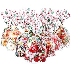 HESTYA 50 Counts 15 x 25 cm Flat Clear Cellophane Treat Bags Block Bottom Chritstmas Element Snowflake Patterned Storage Bags Sweet Bags with 300 Pieces Twist Ties for Christmas Party Favor Style A