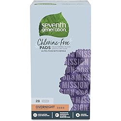 Seventh Generation Ultra Thin Pads, Overnight with Wings, Chlorine Free, 28 Count Packaging May Vary