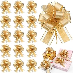 20 Pieces Pull Bow Wrapping Pull Bow Ribbon Pull Bows for Wedding Baskets, Multicolor Ribbon Bow to Wrap Box or Floral Decoration, 6 Inches Diameter Gold