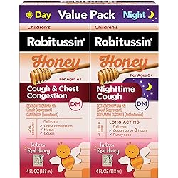 Children's Robitussin Honey Cough & Chest Congestion DM and Nighttime Cough DM, Variety Pack of Cough Medicine for Kids, Made with Honey Flavor - 4 Fl Oz Bottles Pack of 2