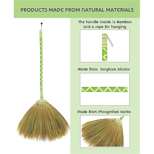 AW BROOMS Asian Straw Broom Thai, Natural Grass Broom Handmade with Long Bamboo Broomstick, Handheld Household Broom for Outdoor and Indoor ; House Broom , Tile Floor Sweeper Housewarming