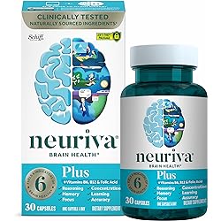 NEURIVA Plus Brain Supplement for Memory, Focus & Concentration Cognitive Function with Vitamins B6 & B12 and Clinically Tested Nootropics Phosphatidylserine and Neurofactor, 30ct Capsules