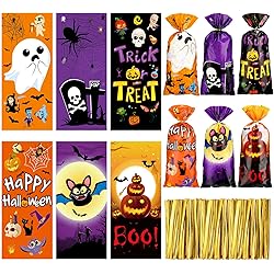 120 Pcs Halloween Cellophane Bags Plastic Trick or Treat Candy Bags Goodie Cookie Treat Bags with 150 Pcs Gold Twist Ties for Halloween Theme Party Favor Supplies