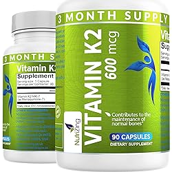 NutriZing K2 Vitamin Supplement MK-7-600mcg High Strength VIT K2-90 Vegan Capsules 3 Month Supply - Supports Bone & Arterial Health