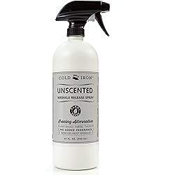 Cold Iron Wrinkle Release Spray for Clothes. 32 fl oz. UnscentedFragrance Free. Plant Based Ironing Alternative. Fast, Easy to Use. Spray, Smooth, Hang. Award Winning Formula to Save You Time