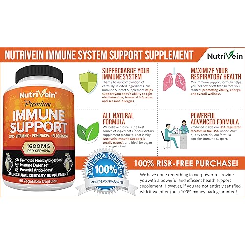Nutrivein Immune Support - Boost Your Immune System with Elderberry, Zinc, Vitamin C, Garlic & Echinacea Prebiotics - 1600MG Daily Dose - Supports Healthy Lifestyle and Stress Relief - 60 Capsules
