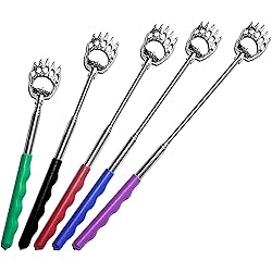5 Pack Telescoping Back Scratcher - Extendable Telescope Back Scratchers - Bear Claw Metal Telescopic Backscratcher Eliminating Back Itching in Black, Blue, Green, Purple, Red Color