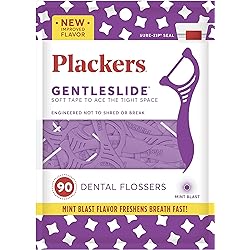 Plackers Gentleslide Dental Flossers, Mint Blast Flavor, Gentle Clean, Soft Floss with Superior Strength, Built-in Tartar Pick, 90 Count