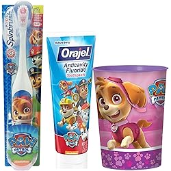 Paw Patrol Skye Toothbrush & Toothpaste Bundle: 3 Items - Spinbrush Toothbrush, Orajel Bubble Berry Toothpaste, Kids Character Rinse Cup