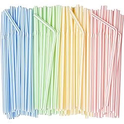400 Pack] Flexible Disposable Plastic Drinking Straws - 7.75" High - Assorted Colors Striped