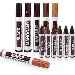 Furniture Markers Touch up, 12 Piece Furniture and Wood Floor Markers and Crayons Repair Kit - 6 Felt Tip Wood Markers, 6 Wax Crayons in Black, Maple, Oak, Cherry, Walnut and Mahogany - By Rampro