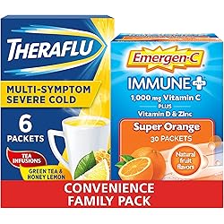 Theraflu Multi-Symptom Severe Cold 6 ct Powder Plus Emergen-C Immune Plus Super Orange 30 ct Convenience Pack
