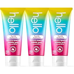 hello Unicorn Sparkle Kids Toothpaste, Fluoride Toothpaste with Natural Bubble Gum Flavor, ADA Approved, Ages 2, No Artificial Sweetneners, No SLS, Gluten Free, Vegan, Pack of 3, 4.2 OZ Tubes