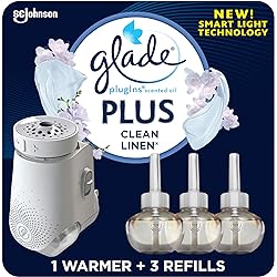 Glade PlugIn Plus Air Freshener Starter Kit, Scented Oil for Home and Bathroom, Clean Linen, 2.01 Fl Oz, 1 Warmer 3 Refills