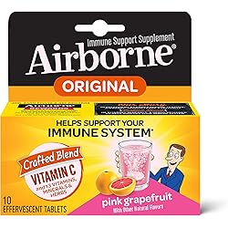 Airborne Vitamin C 1000mg per serving - Pink Grapefruit Effervescent Tablets 10 count in a box, Gluten-Free Immune Support Supplement With Vitamins A C E, ZINC, Selenium, Echinacea & Ginger