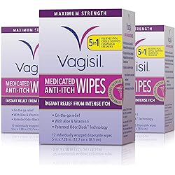 Vagisil Anti-Itch Medicated Feminine Intimate Wipes for Women, Maximum Strength, Gynecologist Tested, 12 Count, Pack of 3 36 wipes total Packaging may vary