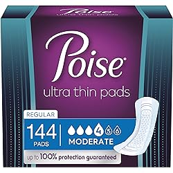 Poise Ultra Thin Incontinence Pads for Women, Moderate Absorbency, Regular Length, 144 Count 3 Packs of 48 Packaging May Vary