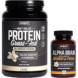 ONNIT Nootropic Sports Nutrition Stack - Alpha Brain 90ct Grass Fed Whey Protein Vanilla