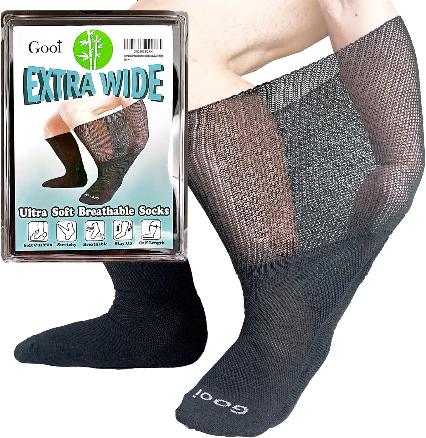 Extra Wide Neuropathy Pain Relief Socks for Swollen Feet Soft Stretches up to 30" Diabetics for Men Women 10-13 13-15 Warm Breathable Non Binding Loose Top Bariatric Edema Cast Over The Calf Plus Size Knee High Socks Extra-Wide Gooi