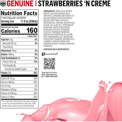 Muscle Milk Genuine Protein Shake, Strawberries 'n Crème, 11 Fl Oz Carton, 12 Pack, 25g Protein, Zero Sugar, Calcium, Vitamins A, C & D, 5g Fiber, Energizing Snack, Workout Recovery, Packaging May Vary